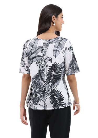 TOP *MISSY* WHITE BLACK FAWN BUTTON PLACKET SHORT SLEEVE
