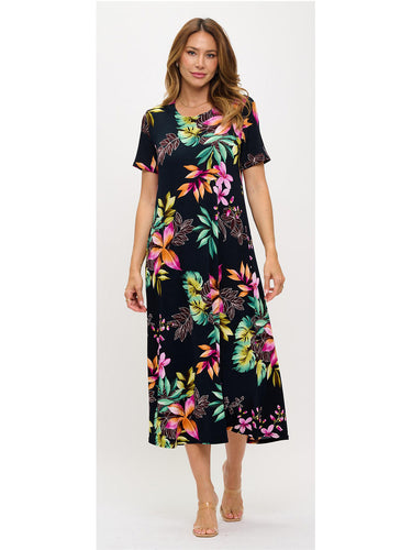 DRESS *PLUS* BLACK BOTANICAL PRINT LONG S/S
