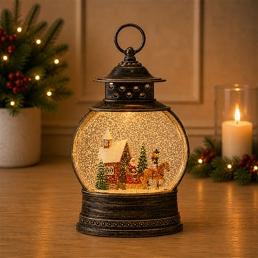 SNOW GLOBE SANTA SLEIGH OVER BARN BRIDGE