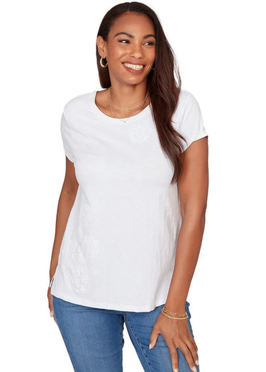 TOP *PETITE* RED SLUB W/LACE APPLIQUE