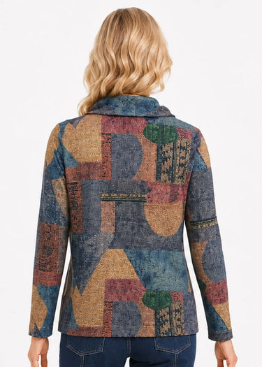 TOP *MISSY* BLUE MULTI POP OVER GEO PRINT COWL LONG SLEEVE