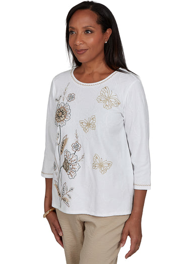 TOP *PETITE* IVORY VERTICAL FLORAL EMBROIDERY