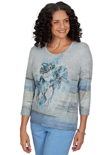 TOP *PETITE* BLUE MULTI CHENILLE FLORAL