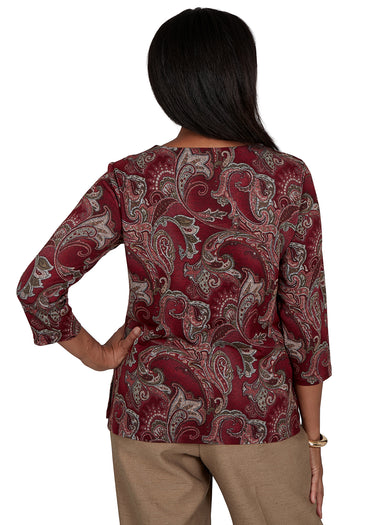 TOP *PETITE* CRANBERRY PAISLEY SCROLL MELANGE