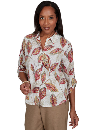 TOP *MISSY* TAN MULTI LEAF PRINT KNIT