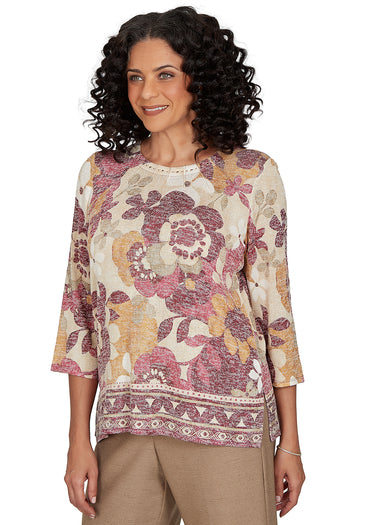 TOP *PETITE* TAN MULTI BORDER FLORAL