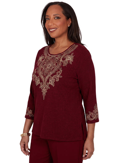 TOP *MISSY* CRANBERRY YOKE SCROLL EMBROIDERY