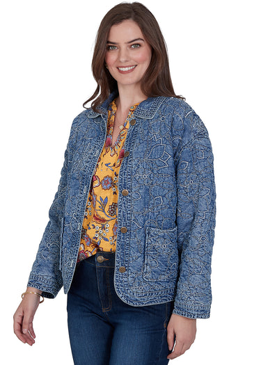 JACKET *PETITE* LIGHT INDIGO QUILTED FLORAL DENIM