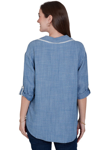 TOP *MISSY* CHAMBRAY CROSSHATCH TENCEL 3/4 SLEEVE