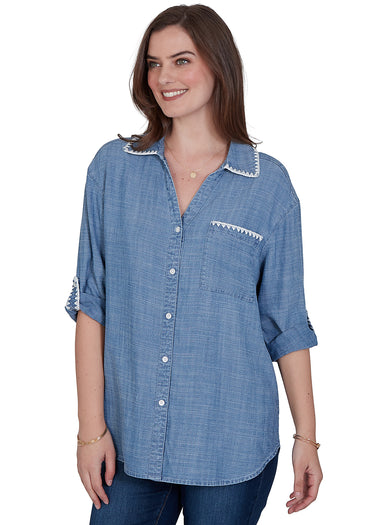 TOP *MISSY* CHAMBRAY CROSSHATCH TENCEL 3/4 SLEEVE