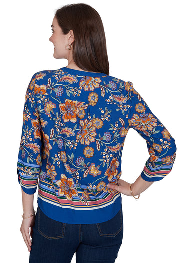 TOP *PLUS* COBALT MULTI FLORAL VINES TIE FRONT