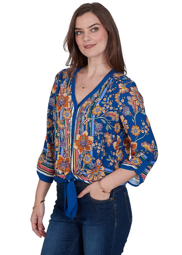 TOP *MISSY* COBALT MULTI FLORAL VINES TIE FRONT