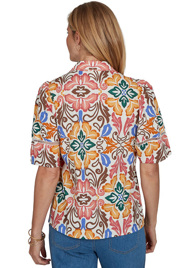 TOP *MISSY* IVORY MULTI ELBOW SLEEVE POPLIN