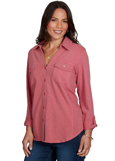 TOP *PETITE* ROSE GARMENT WASHED W/POCKETS