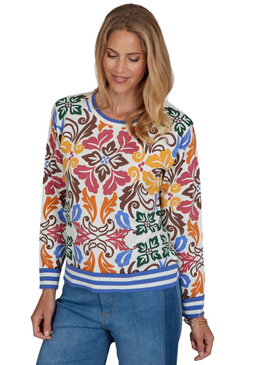 SWEATER *MISSY* IVORY MULTI PLACEMENT PRINT BALLET NECK