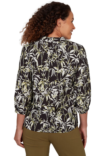 TOP *MISSY* BLACK MULTI 3/4 SLEEVE VNECK PALM LEAF