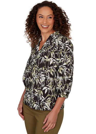 TOP *MISSY* BLACK MULTI 3/4 SLEEVE VNECK PALM LEAF