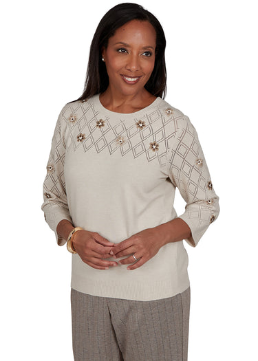 SWEATER *MISSY* LATTE POINTELLE W/EMBOIDERY