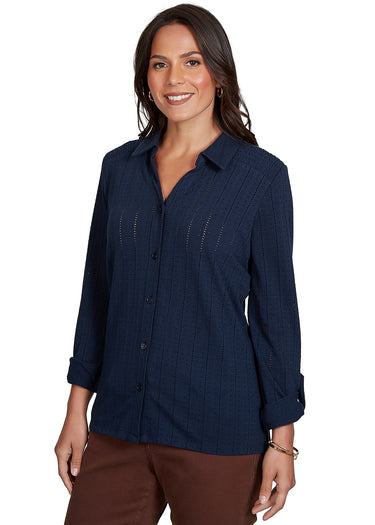 TOP *PETITE* NAVY SOLID STRIPE 3/4 SLEEVE