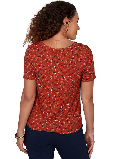 TOP *MISSY* BRICK RED MULTI SHORT SLEEVE TIE FRONT W/POCKET
