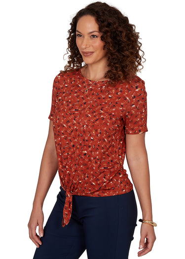 TOP *MISSY* BRICK RED MULTI SHORT SLEEVE TIE FRONT W/POCKET