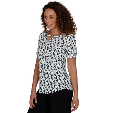 TOP *PLUS* VANILLA T BLUE S/S BRUSH LATTICE VNECK