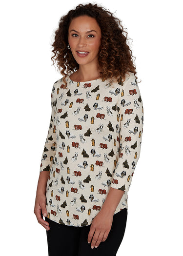 TOP *PETITE* CREAM MULTI 3/4 SLEEVE PUPPY BOAT NECK
