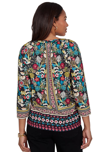 TOP *MISSY* BLACK MULTI 3/4 SLEEVE SPLIT NECK
