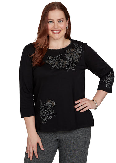 TOP *PLUS* BLACK SHIMMER FLORAL YOKE