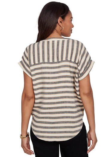 TOP *PLUS* BLACK MULTI STRIPE TIE FRONT