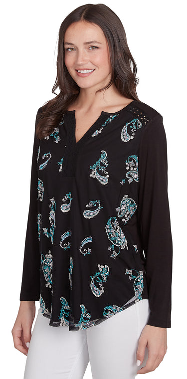 TOP *MISSY* ONYX MULTI LONG SLEEVE SPLIT NECK PAISLEY