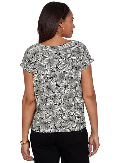 TOP *MISSY* BLACK STONE SHORT SLEEVE V-NECK PETALS PRINT