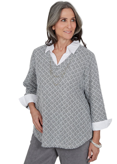 TOP *PETITE* GRAY DIAMOND TEXTURE 2 IN 1