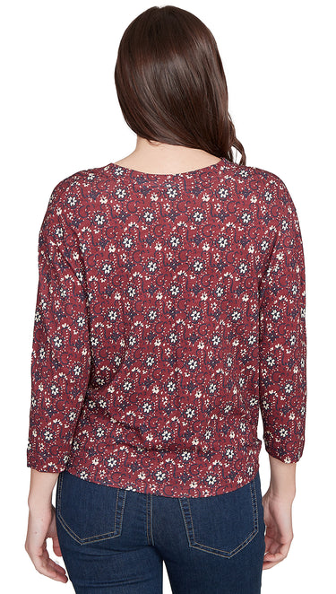TOP *MISSY* CABERNET WINE DOTTED FLORAL TIE FRONT