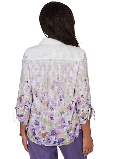 TOP *PETITE* AMETHYST MULTI FLORAL BORDER PRINT