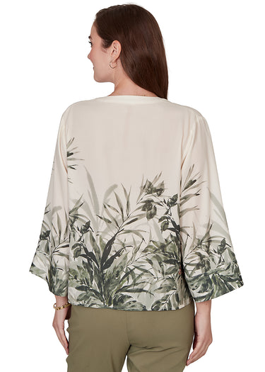 TOP *MISSY* MOSS GREEN MULTI 3/4 SLEEVE COLLARLESS