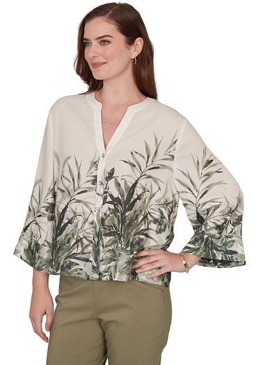 TOP *MISSY* MOSS GREEN MULTI 3/4 SLEEVE COLLARLESS