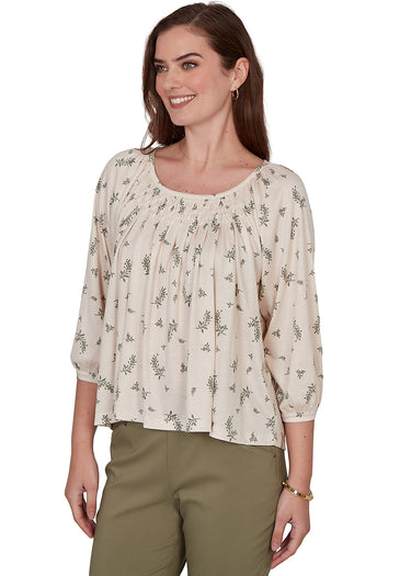 TOP *MISSY* CREAM MULTI 3/4 SLEEVE CRINKLE PEASANT