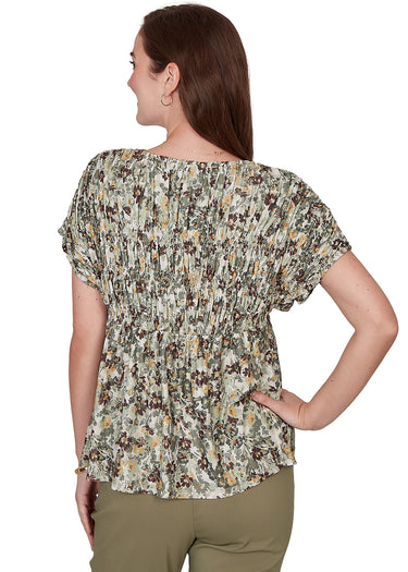TOP *MISSY* MOSS GREEN MULTI SMOCKED FLORAL MESH