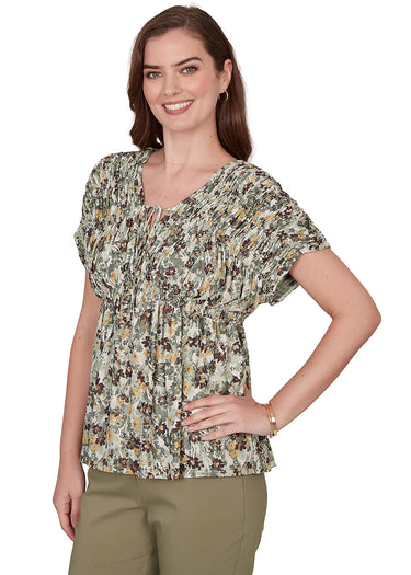 TOP *MISSY* MOSS GREEN MULTI SMOCKED FLORAL MESH