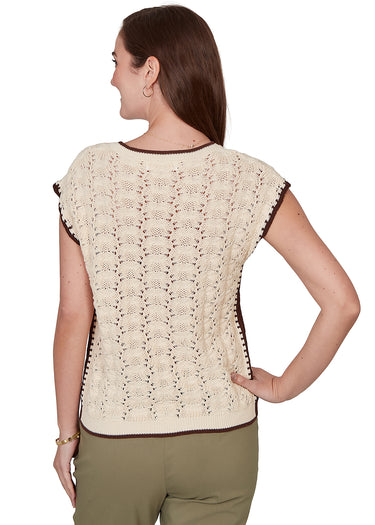 SWEATER *MISSY* COFFEE BROWN CREW NECK NOVELTY LACE