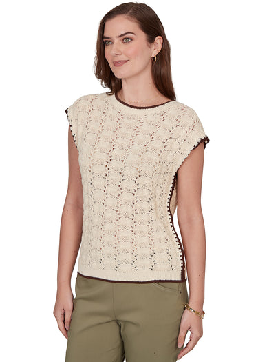 SWEATER *MISSY* COFFEE BROWN CREW NECK NOVELTY LACE