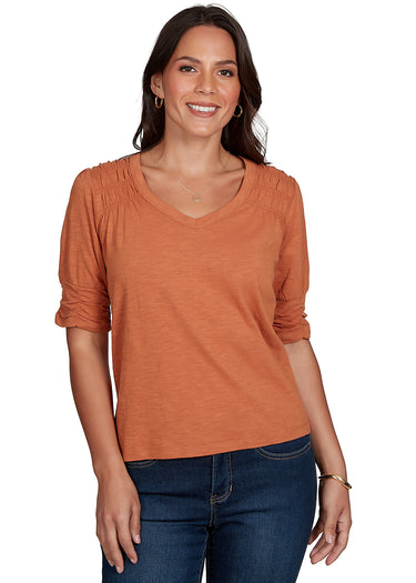 TOP *MISSY* AMBER BROWN ELB SLV VNK W/SMOCKING