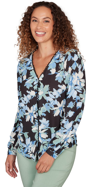 BLOUSE *MISSY* BLACK MULTI L/S W/LACE TRIM