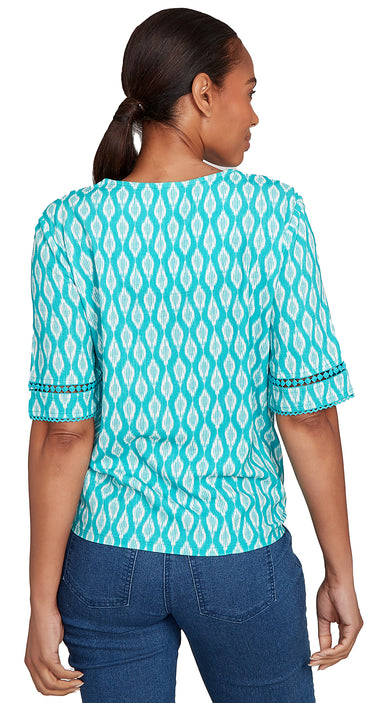 TOP *PETITE* TURQ MULTI ELBOW SLEEVE V-NECK TIE FRONT
