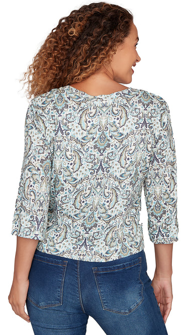 TOP *MISSY* EGRET MULTI ELBOW SLEEVE PAISLEY SLUB