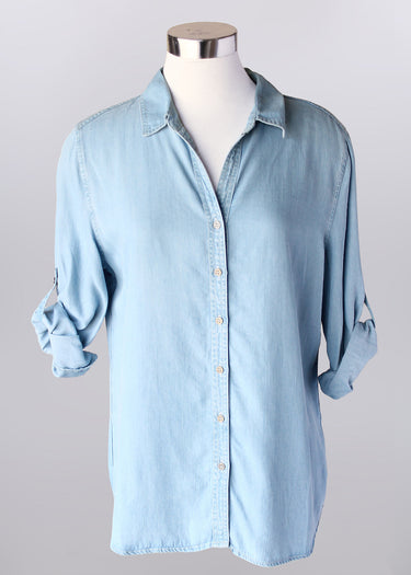 SHIRT *MISSY* LT DENIM BUTTON FRONT LONG SLEEVE