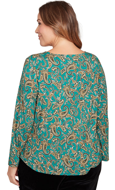 TOP *PLUS* LONG SLEEVE PAISLEY BOAT NECK
