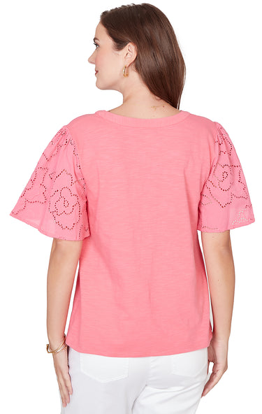 TOP *PETITE* COTTON CANDY SPLIT NECK ELB SLV