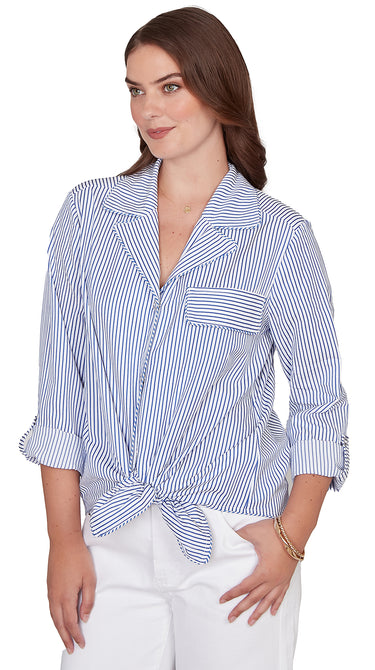 TOP *MISSY* WHITE SEA BLUE STRIPE TIE FRONT
